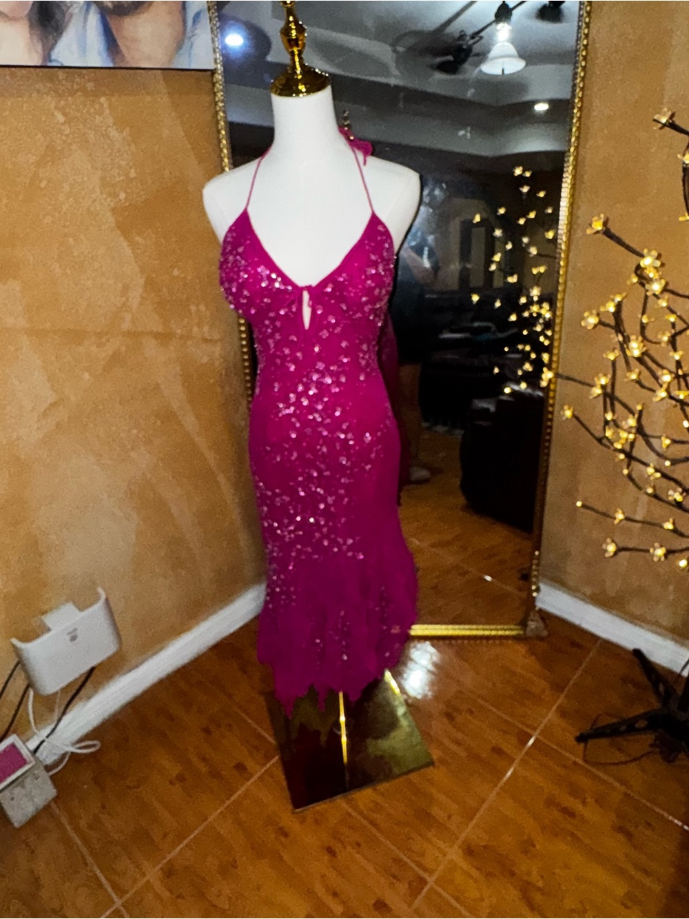 Vintage Sean Express Y2K fuchsi 100% silk, beaded halter evening gown XD - Picture 2 of 8